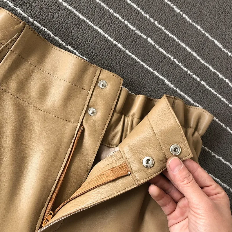 

100% Natural Sheepskin Shorts Women High Waist Wide Leg Trousers Female Streetwear Khaki Loose Fit Flare Real Leather Shorts 3XL