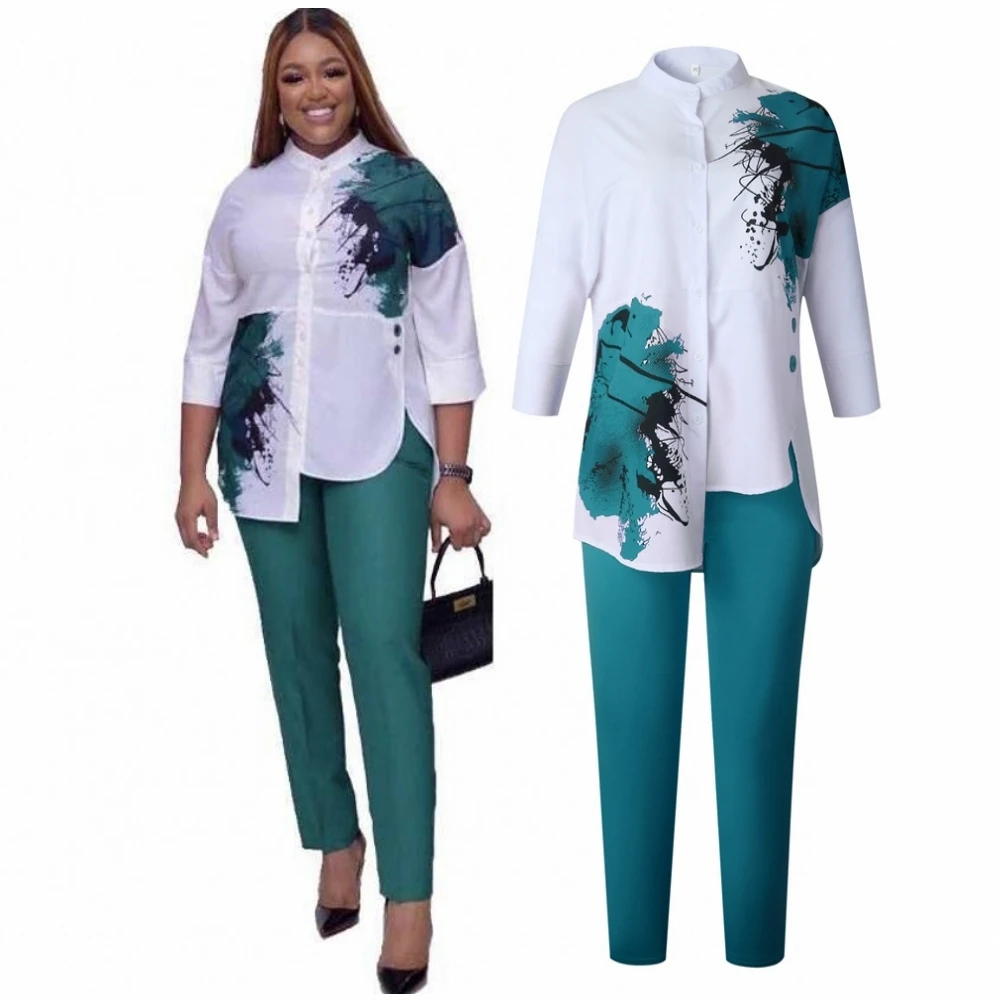 

2 Piece Set Women Slim Solid Pants And 3/4 Sleeve Stand Collar Split Top 2021 Fashion Print Irregular Office Lady Suit Outfits