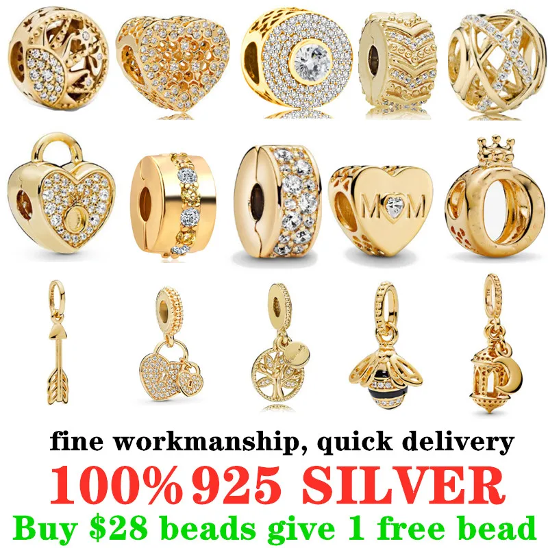 

Free DeliGold Love lock Shine Queen Bee Necklace Pendant Suitable for Pandora Charm clips 925 pure silver bead bracelet Jewelry