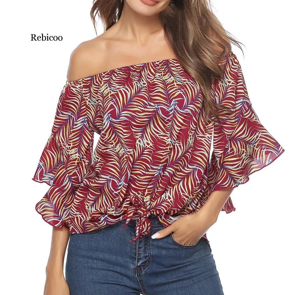 

Blouse Women Summer Off Shoulder Tops Womens Casual Print Tees Tie Cute Sexy Loose Tops Blouse blusas mujer