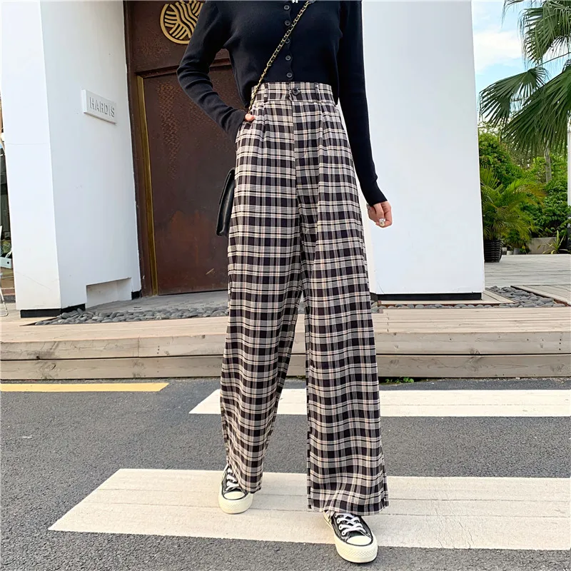 

#2168 Summer High Waisted Plaid Pants Women Harajuku Preppy Style Straight Wide Leg Pants Female Thin Loose Trousers Full Length