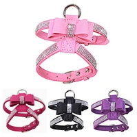 bling rhinestone pet puppy dog harness velvet leash with bowknot for small dog puppy cat chihuahua pink collar pet products