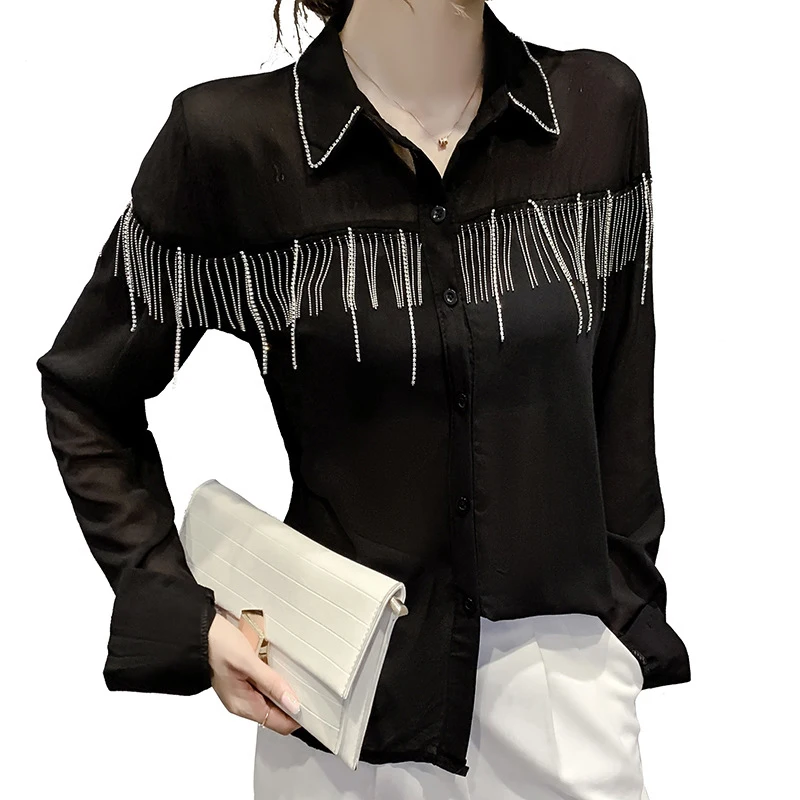 

2021 Punk Style Design Sense Tassel Chain Black White Shirt Female Long Sleeve Western Style Chiffon Shirt With Diamond Collar