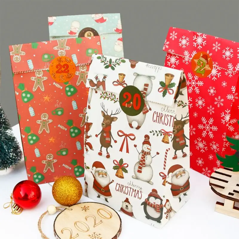 

Рождественские подарочные пакеты с 24 рождественскими наклейками, многоразовые коробки из крафт-бумаги Goodie