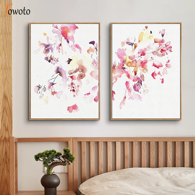 Pink Flower Watercolor Wall Art Living Room Minimalism Home Poster Print Plant Blossom Canvas Painting Decoration Picture Decor | Дом и сад
