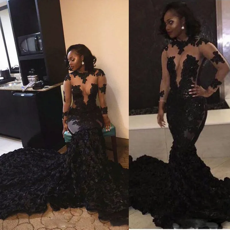 

Black Lace Appliques Prom Dresses Cascading Ruffles Sheer Mermaid Long Sleeves Illusion Style Sweep Train Evening Gowns