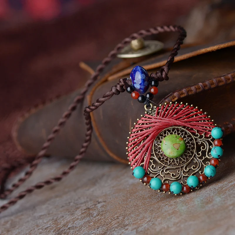 Винтажное ожерелье ручной работы богемное колье с плетением из камня и керамики