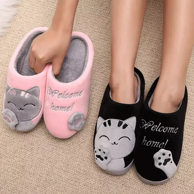 

Unisex Winter Indoor Warm Home Slippers Couples Bedroom Cartoon Cat Non-slip Soft Bottom Women And Men Home Slippers