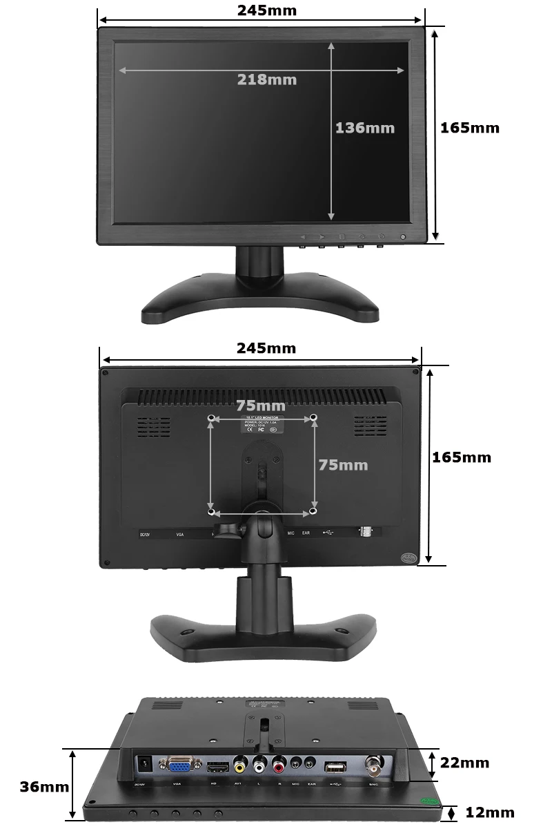 H1016 10,1 дюймовый 16:9 TFT монитор безопасности BNC монитор с ПК/AV/BNC/HDMI/USB монитор