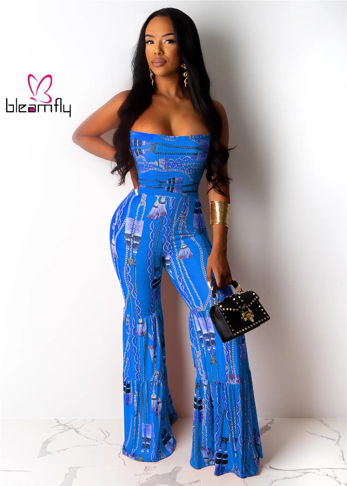 2019 Женский Летний комбинезон без бретелек с цепочкой принтом оборками длинный