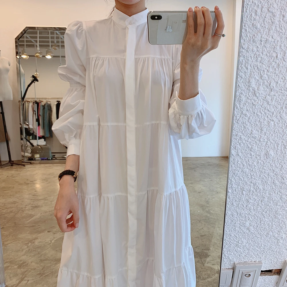 

Croysier Dresses For Women 2021 Elegant Stand Collar White Shirt Dress Long Puff Sleeve Tiered Gathered Loose Casual Midi Dress