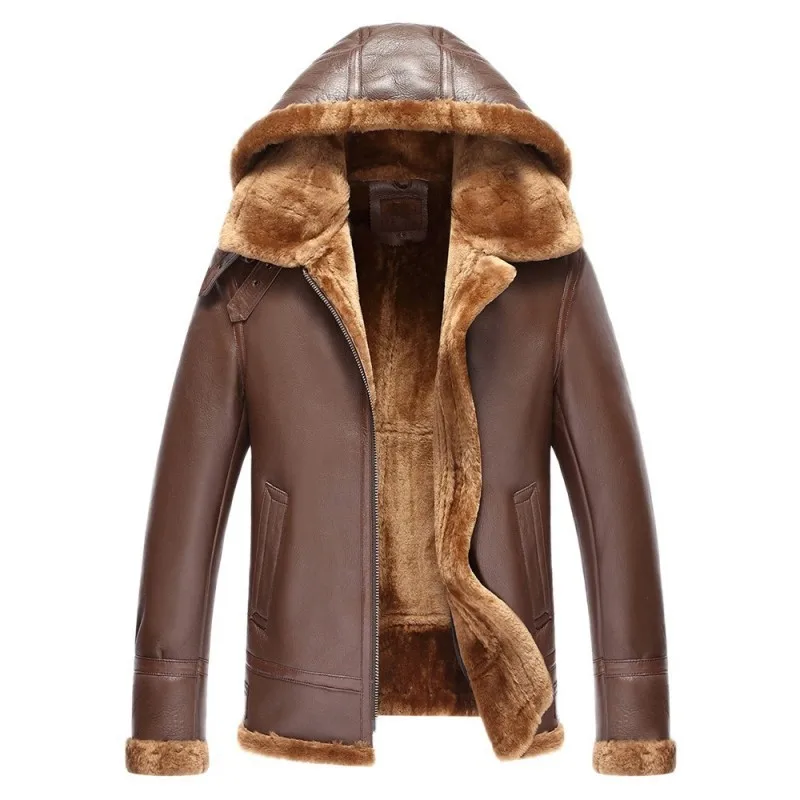 

Hooded Shearling Luxury Men Short Coat Genuine Leather Fur Pilot Jacket Winter Warm Zipper Loose Business Outerwear Plus Size