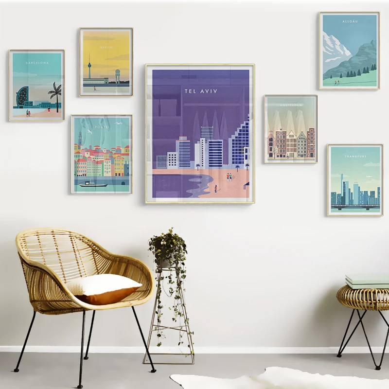 

Modern Minimalism City Painting Tel Aviv Allgau Wall Art Frankfurt Berlin Porto Barcelona Poster Silhouette Canvas Decor