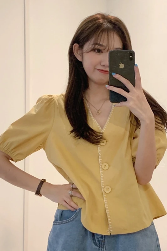 

French V-neck bubble sleeve shirt for women