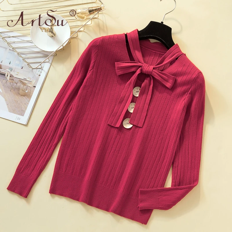 ArtSu корейский стиль Модный женский зеленый свитер галстук v-образный вырез бант