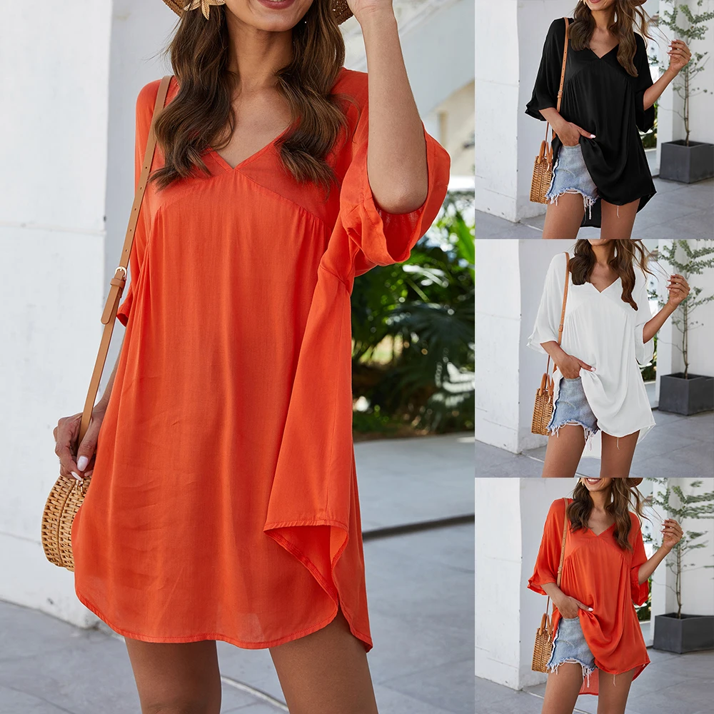 Туника с v образным вырезом Мини платье для женщин повседневное Свободное Vestidos De