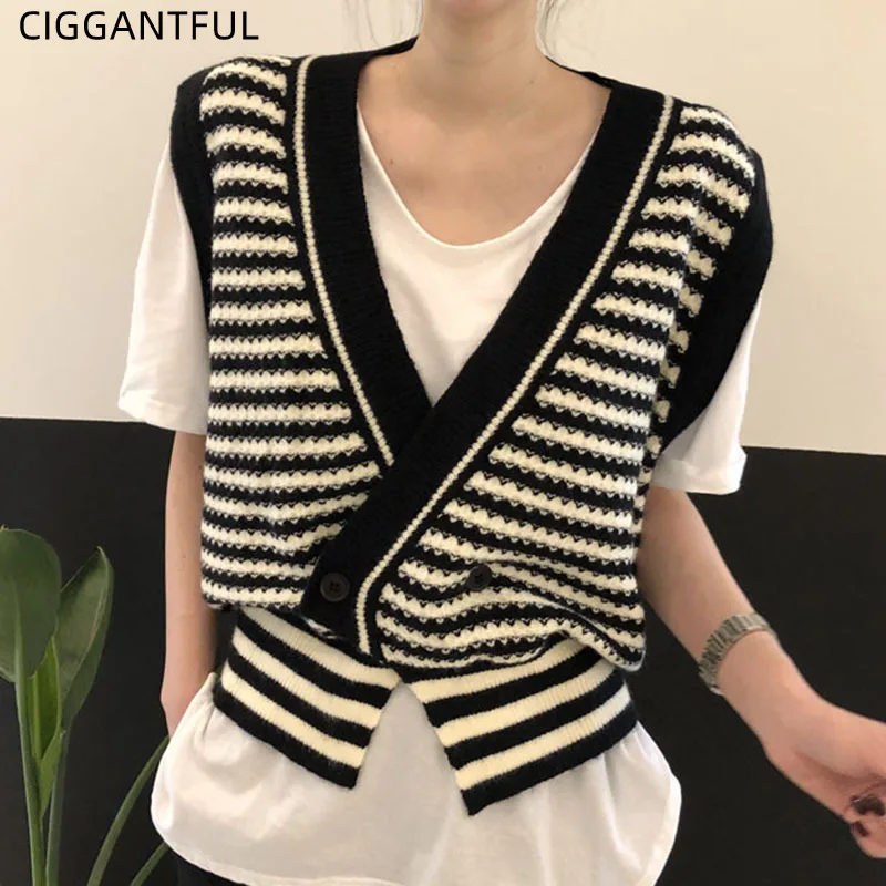 

Autumn French V Neck Hit Color Stripes Knit Waistcoat Two Buttons Loose Casual Sleeveless Sweater Vests Female Korea Chic Jacket