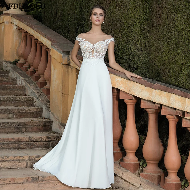 

FDHAOLU FU222 Chiffon A-line Bridal Gowns 2021 Elegant Scoop Neck Applique Casp Sleeve Sweep Train Plus Size Wedding Dress