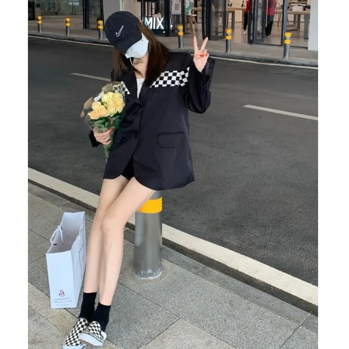 Осень 2021 Новый однобортный черно-белый клетчатый костюм для шахматной доски