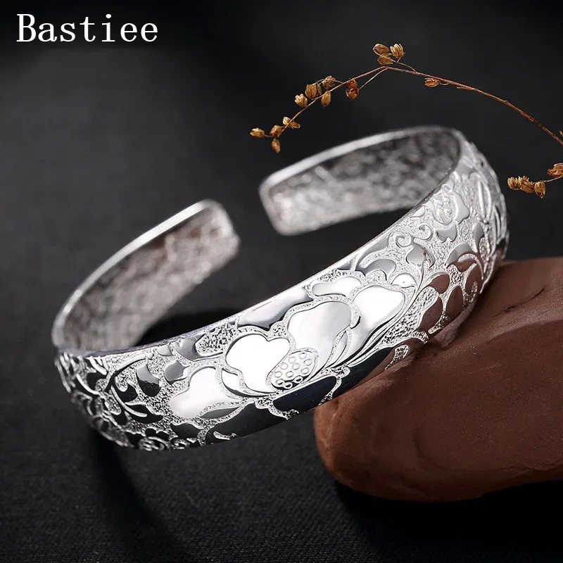 

Bastiee peony flower bangle bracelet 999 sterling silver jewelry women vintage hmong miao handmade