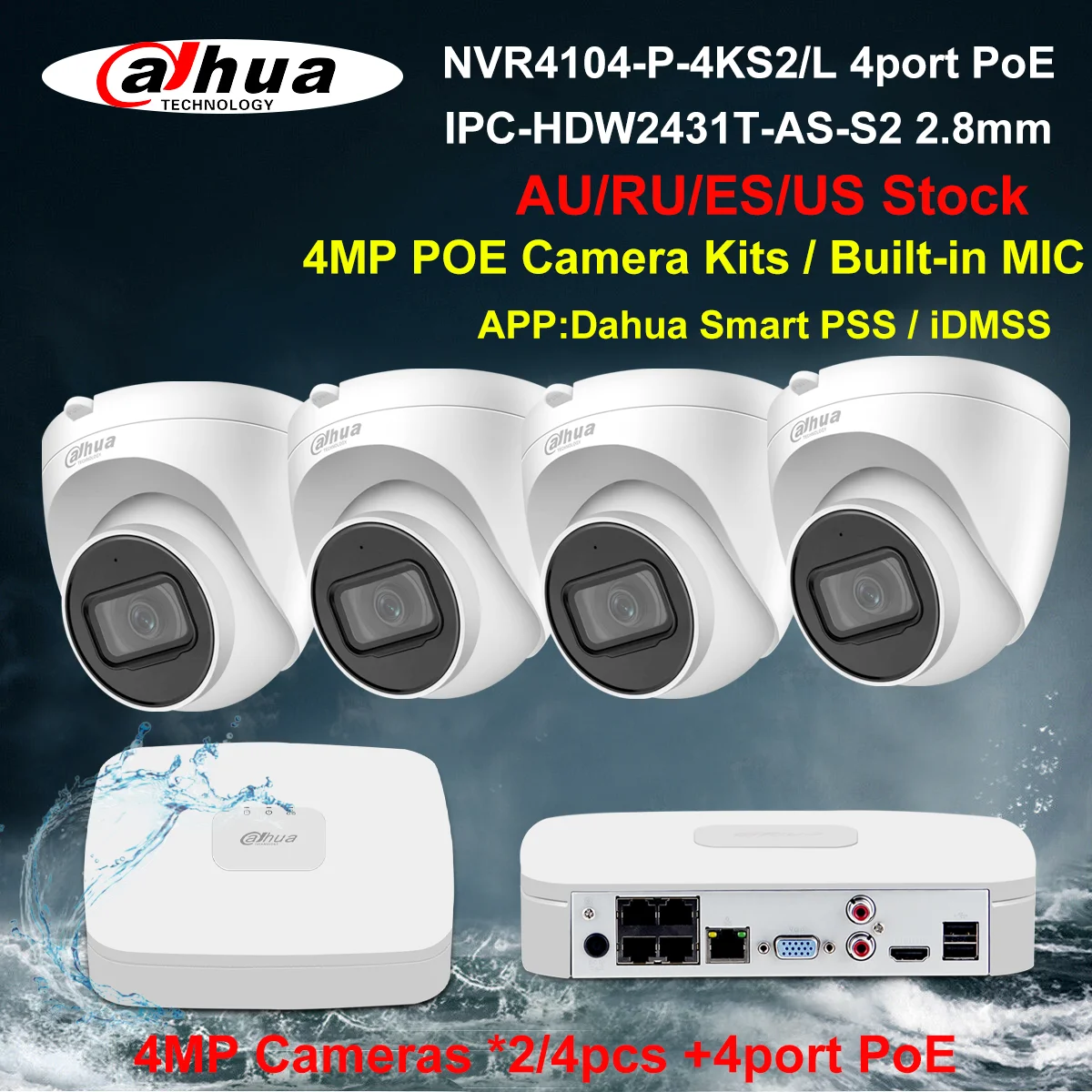 

Dahua Security Camera System 4MP PoE Kits IPC-HDW2431T-AS-S2 NVR4104-P-4KS2/L 4CH NVR Recorder 2/4pcs IP Camera Build in Mic