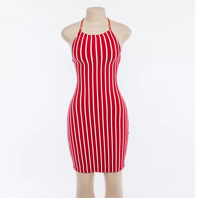 

2021 Summer New Women's Lace Sleeveless Sleeveless Halter Neck Contrast Striped Dress Women