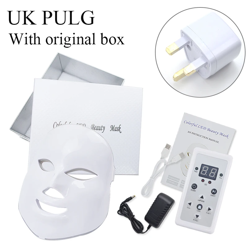 with original box uk 7 цветов Led косметическая маска для лица Уход за кожей омоложение удаление морщин, акне уход за лицом Красота терапия отбеливание затянуть инструмент - Цвет: with original box uk