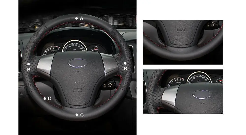 Чехол для руля Hyundai Elantra 2008 прошитый вручную из черной искусственной кожи