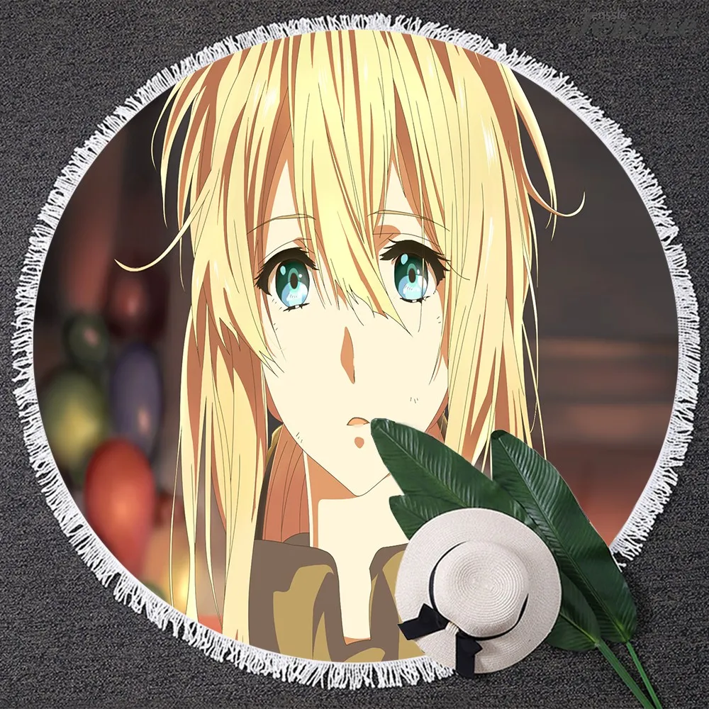 

Violet Evergarden Tassel Beach Towel Japanese Anime Girl Print Microfiber Round Beach Towel Yoga Mat Beach Cushion Insulation