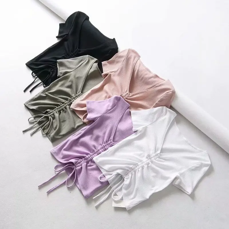 

Sexy V Neck Cropped Tank Tops Women Drawstring Tie Up Front Camis Candy Colors Slim Fit Ribbed Crop