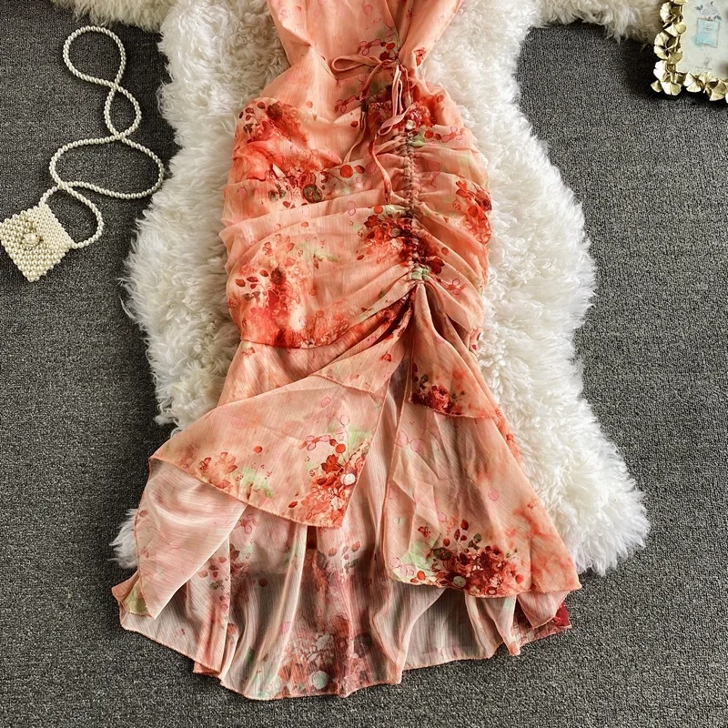 

Vintage Print V-neck yarn bow dress Mermaid MIDI women's fashion steering wheel waist dress 2021 fashion spring summer
