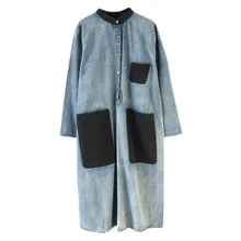 Robe de soleil en jean pour femmes, tenue mi mollet Vintage, Maxi décontractée, manches longues, poches, ample, chemise en Denim  (1)