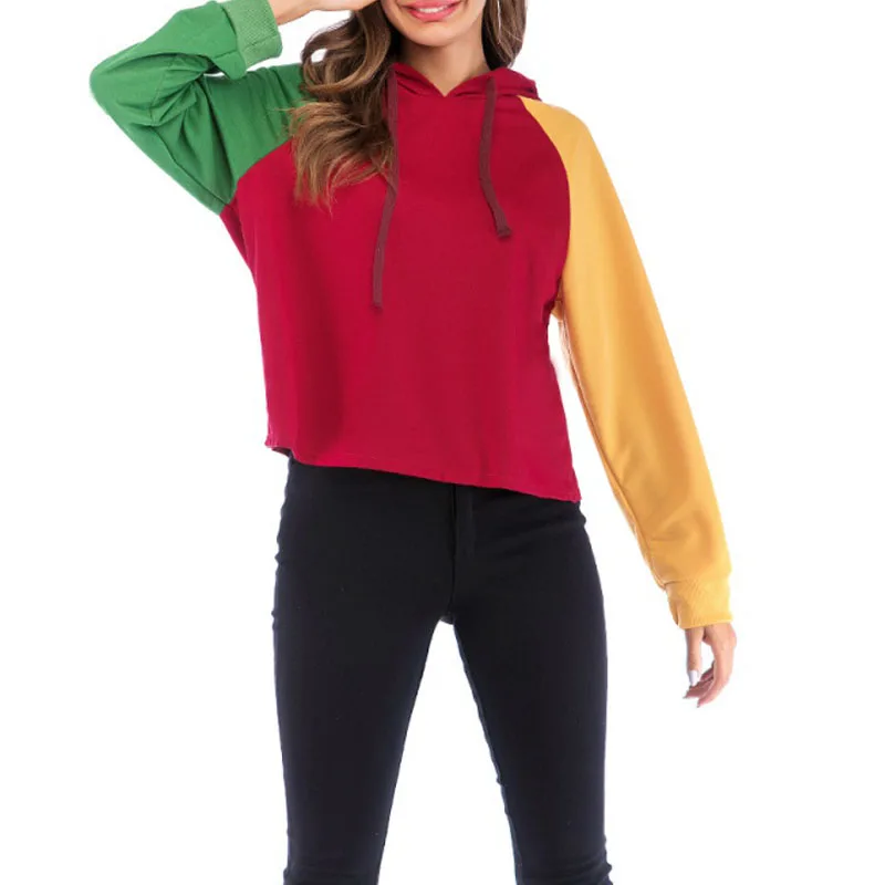 

Women Hoodies Sweatshirts European And American Style Chic Color Patchwork Simple Loose Three-color Stitching Hooded Pullovers