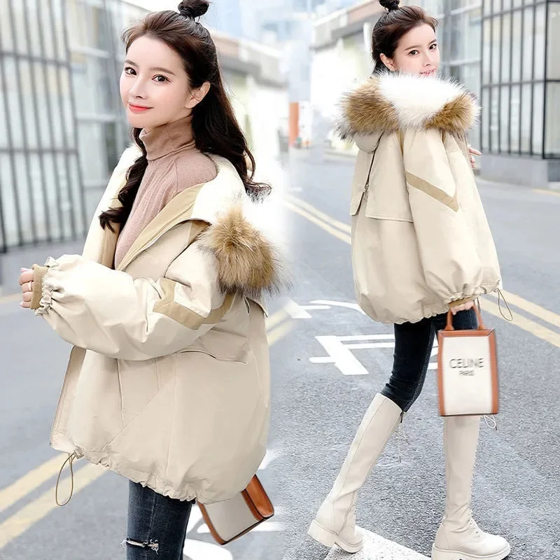 Women Winter Thicker Parkas Jacket 2022 New Korean Fashion Tooling Coat Color Block Fur Collar Jacket Trend Female Warm Jackts