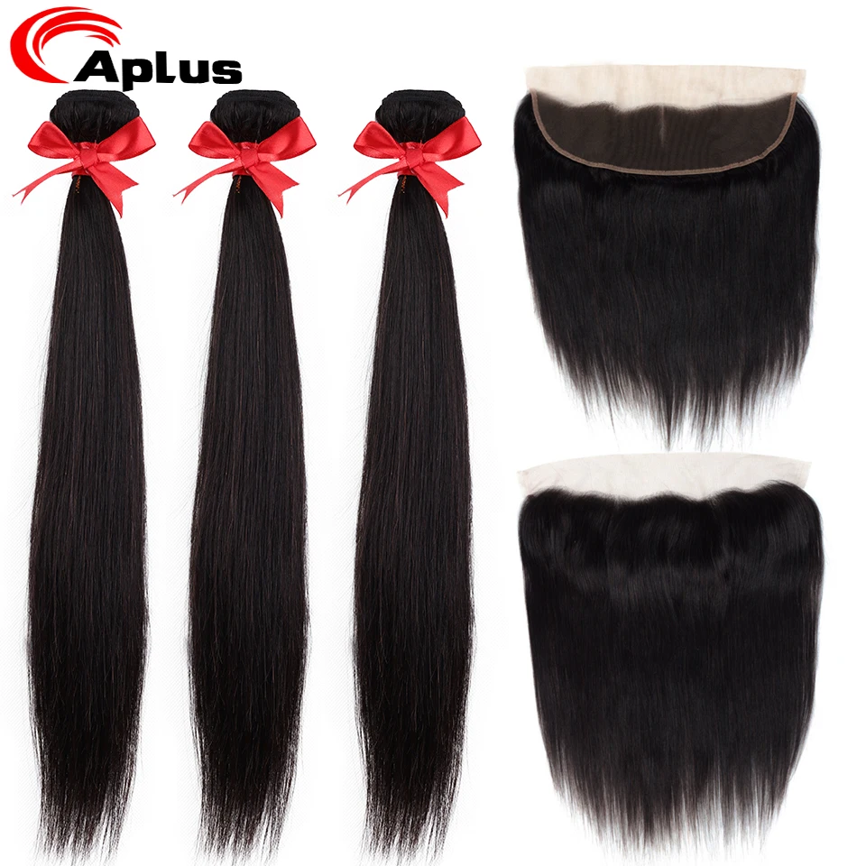 Камбоджийские прямые человеческие волосы пучки Закрытие 100% с фронтальной Aplus 3