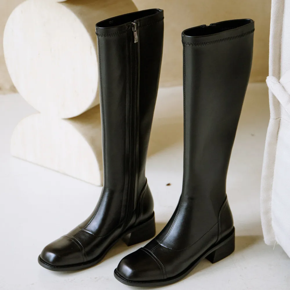 

Women's genuine leather great pu leg patchwork low heel comfortable autumn knee high boots casual rouns toe long boots shoes hot