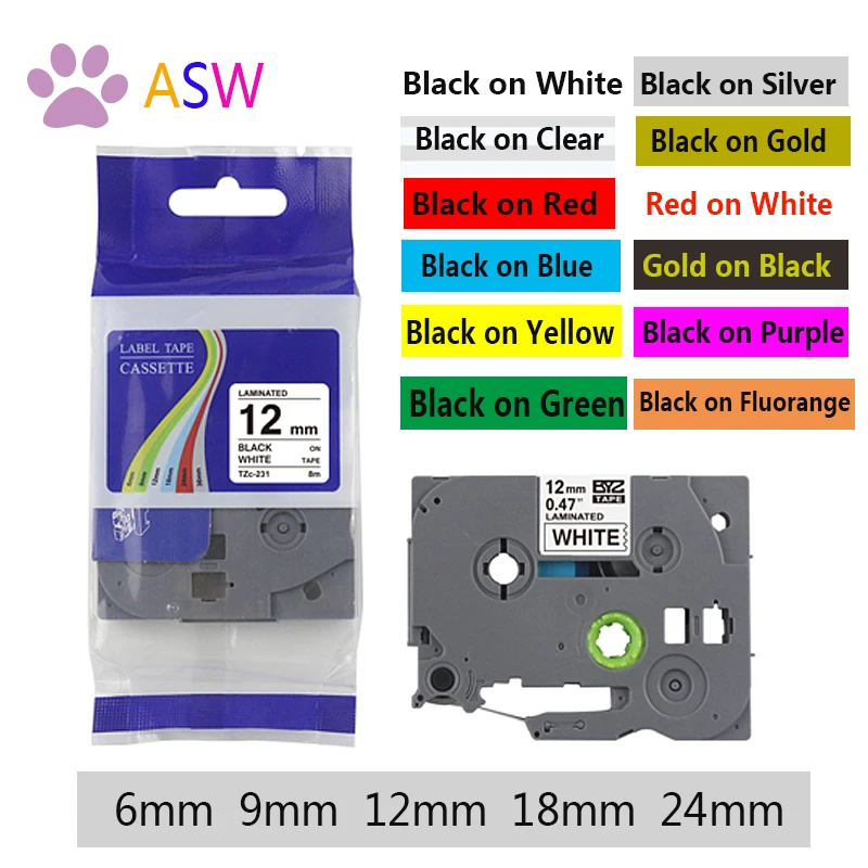 Лента для этикеток ASW Tze231 совместимая с принтером Brother P ленты сенсорного принтера