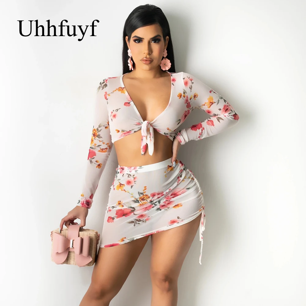 

Uhhfuyf цветочный принт 2021 летние юбки наборы женские сексуальные с длинным рукавом V-образным вырезом топы с высокой талией нижние брюки компл...