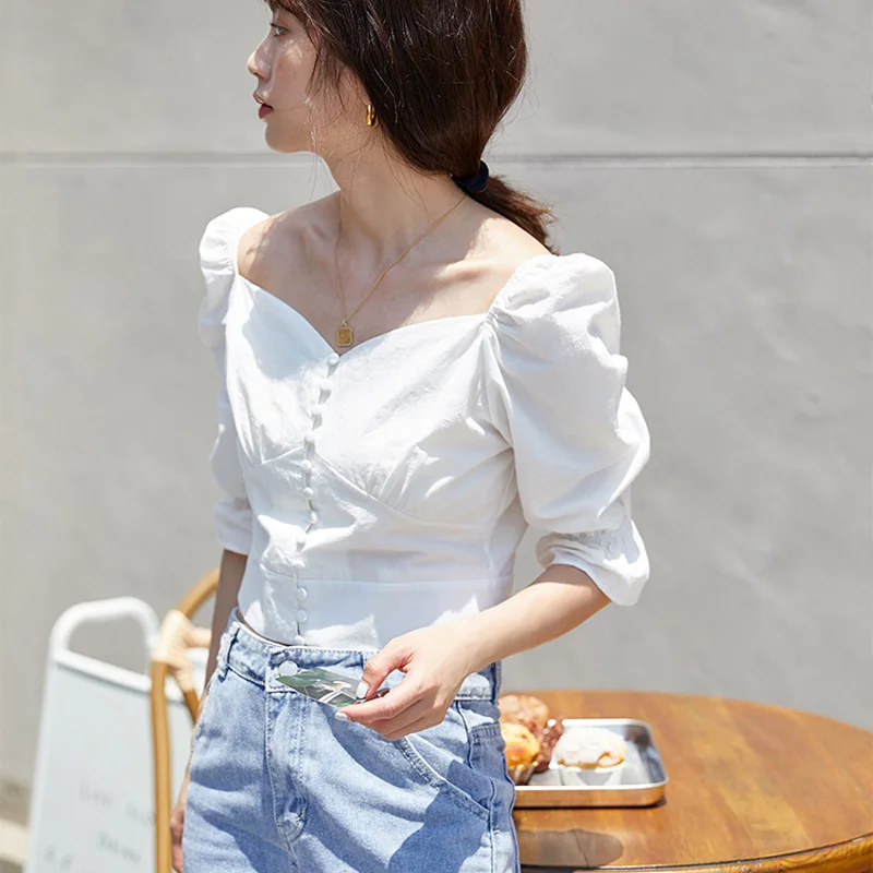 

New Elegant Women European Style Blouse Vintage White Square Collar Puff Sleeve Summer Pullover Ladies Short Tops 2021