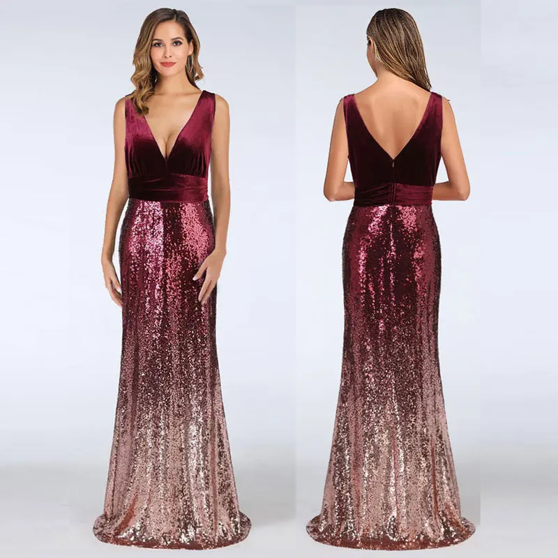 

2019 Strapless V Neck Gradient Strapless Mermaid Evening Dresses Sequins Backless Formal Prom Gowns