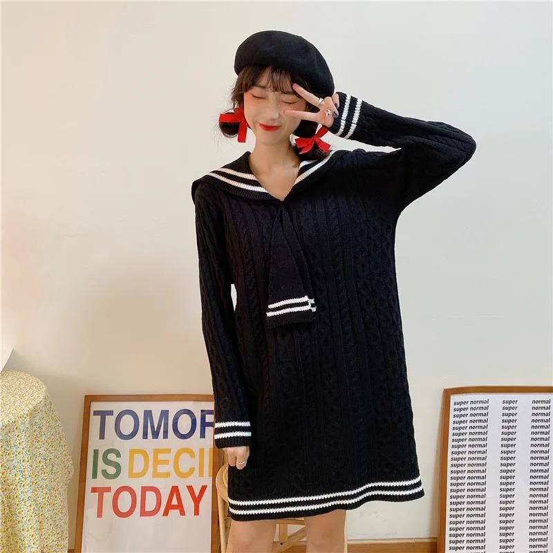 

One-Piece 2020 Japanese Style Winter Fashion Dress Loose Thicken Sailor Collar Knitting Dress Temperament Leisure Sweater Dress