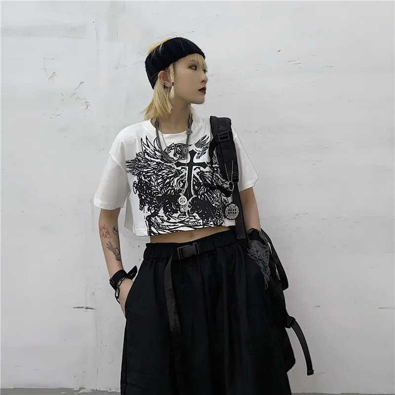 

Short top women's summer 2021 new high-waisted thin print short-sleeved t-shirt ins super hot half-sleeved gothic style