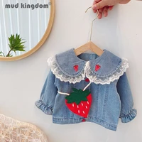 mudkingdom girl denim jacket cute strawberry lace turn down collar puff sleeve princess outerwear for toddler spring autumn tops