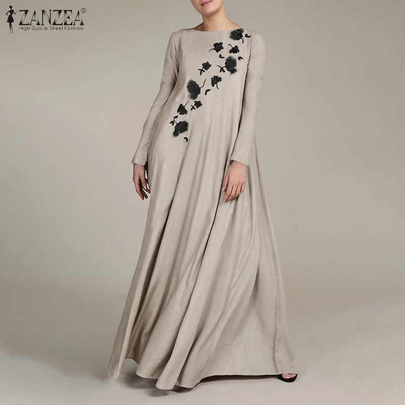 

Women Long Sleeve Floral Sundress Spring Kaftan Printed Maxi Long Dress ZANZEA Vintage Split Hem Loose Vestidos Robe
