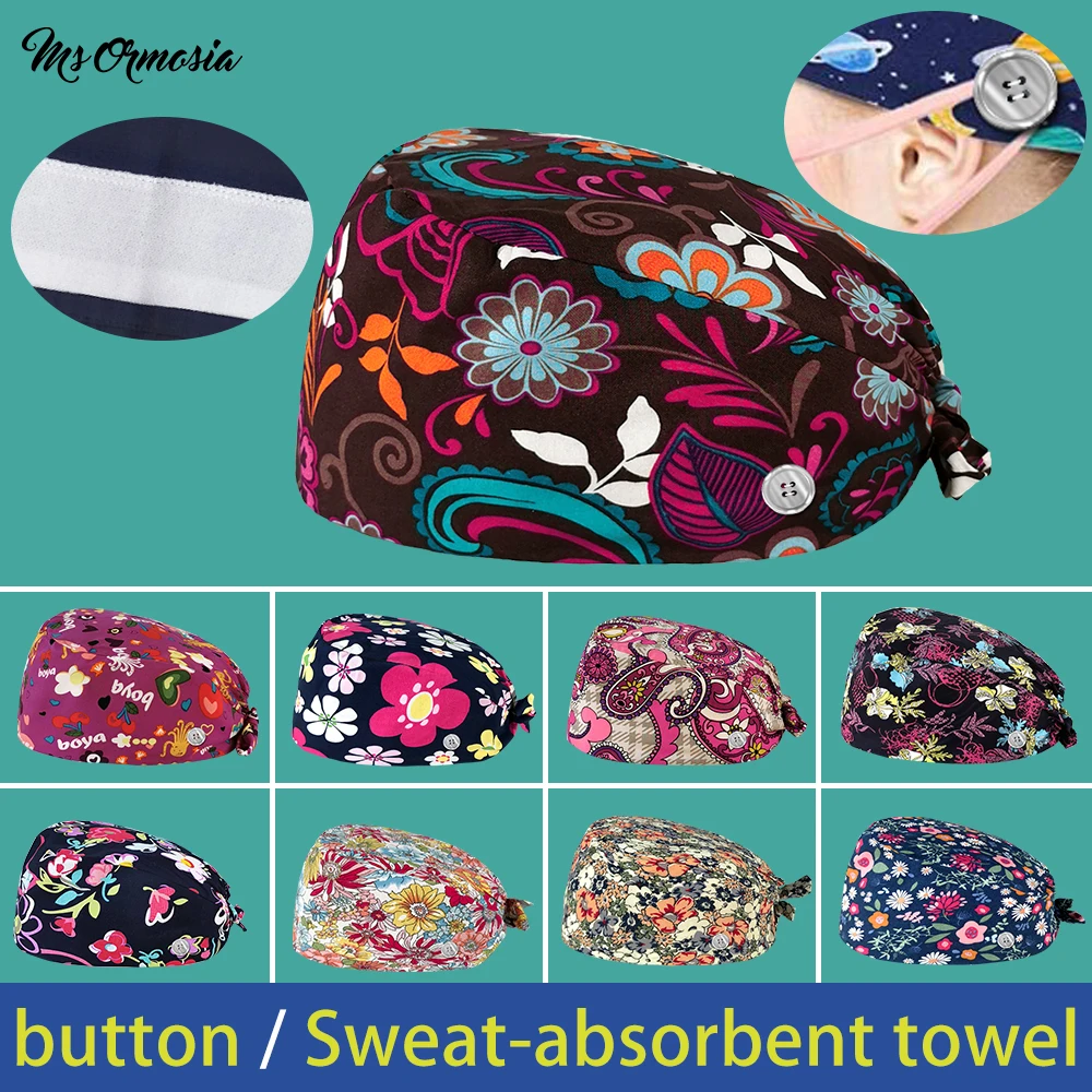 

Новый высокого качества с пуговицами однотонная одежда из хлопка с мультяшным принтом унисекс скрабы шляпа лаборатории работы шапки летни...