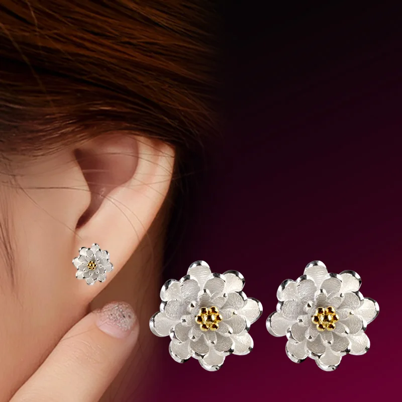 

MUYE 925 Sterling Silver Stud Earrings Lotus Flower Design Women's Girl's Fashion Jewelry Party Gift