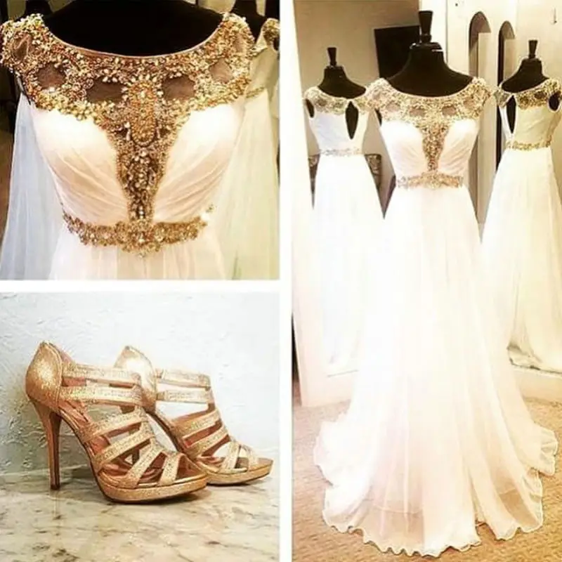 

vestido de noiva White Chiffon Long Beaded Real Sample Cap Sleeves Prom 2018 Women Formal party Gown bridesmaid dresses