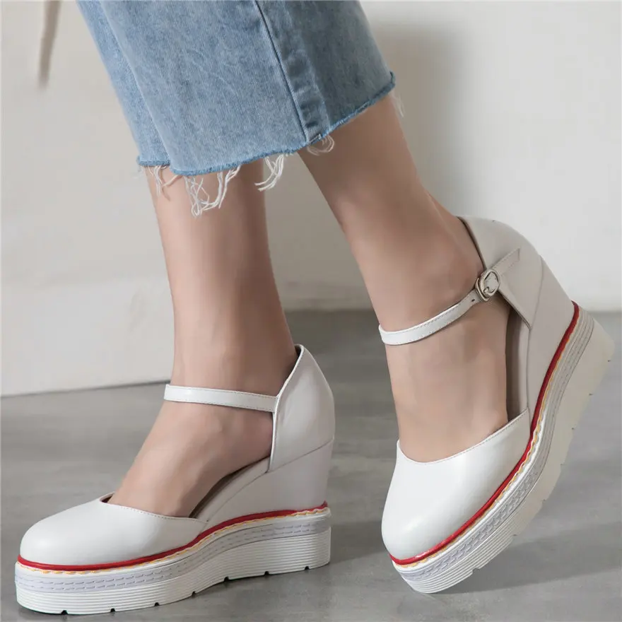 Женские туфли на танкетке летние Туфли Мэри Джейн из натуральной кожи с ремешком