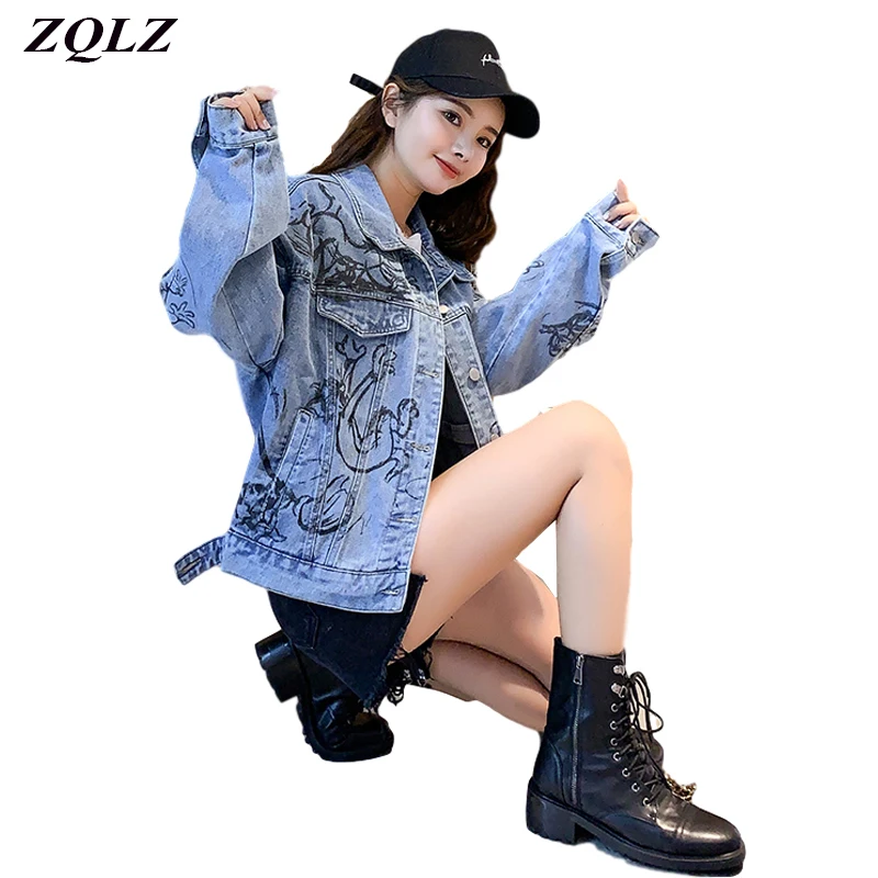 Женская джинсовая куртка ZQLZ свободная повседневная короткая с принтом из