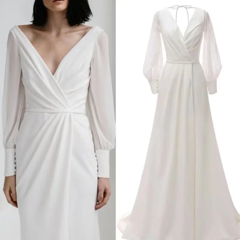 

Simple Chiffon Long Sleeve A-Line V-Neck High Slit Sweep Train Wedding Dress Bride Gown Vestidos De Novia